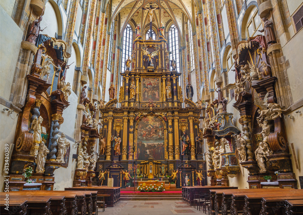 PRAGUE, CZECH REPUBLIC - OCTOBER 18, 2018: The neave of gothic-baroque Church of Our Lady of the Snows - Kostel Panny Marie Sněžné by unknown artis from years (1649–1665).