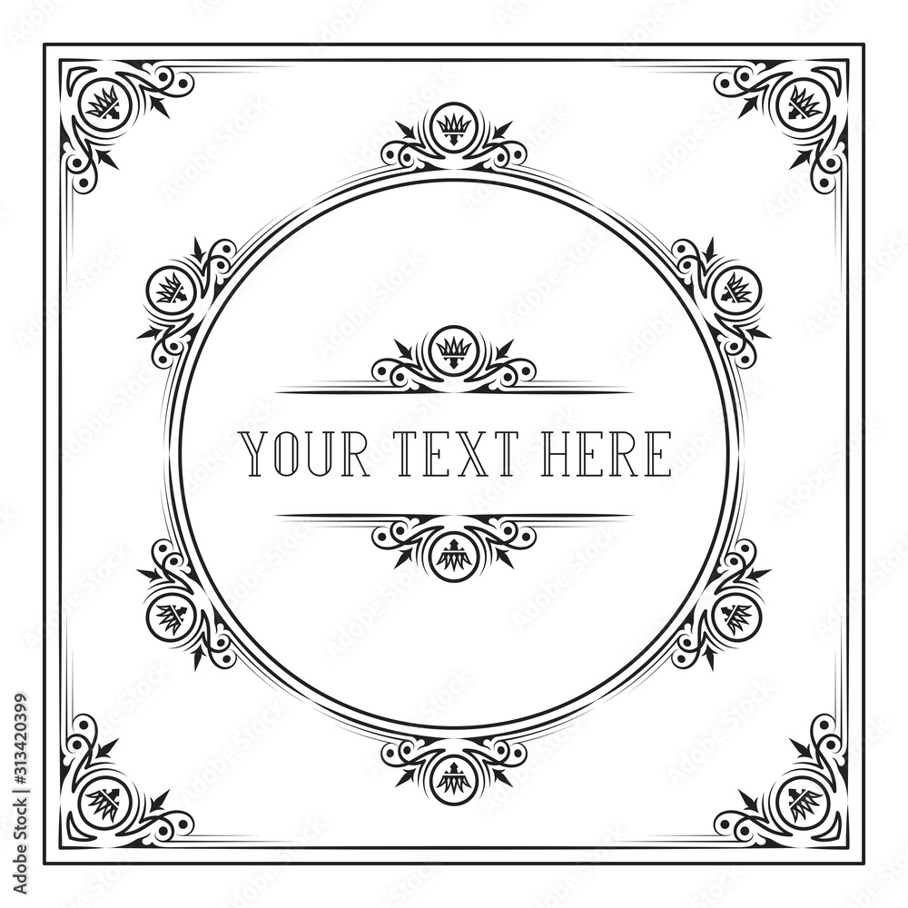 Victorian squared frame with royal borders and corners. Classic wedding invitation template. Vector isolated elegant ornate pattern.
