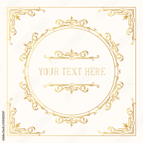 Golden elegant squared frame with ornate gold borders and corners.  Vector isolated Victorian pattern. Classic wedding invitation design template.