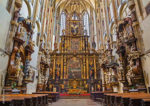 PRAGUE, CZECH REPUBLIC - OCTOBER 18, 2018: The neave of gothic-baroque Church of Our Lady of the Snows - Kostel Panny Marie Sněžné by unknown artis from years (1649–1665).
