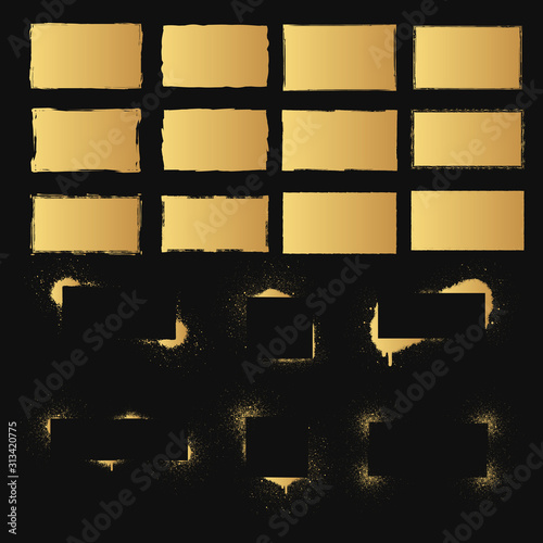 Set of rectangular golden grunge rough shapes, spray paint frames. Vector isolated airbrush ink dot boxes. Distressed badges.