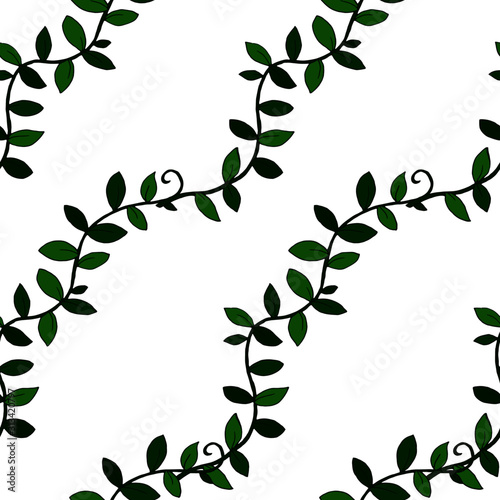 seamless pattern in bright colors, branch with green leaves, creeper