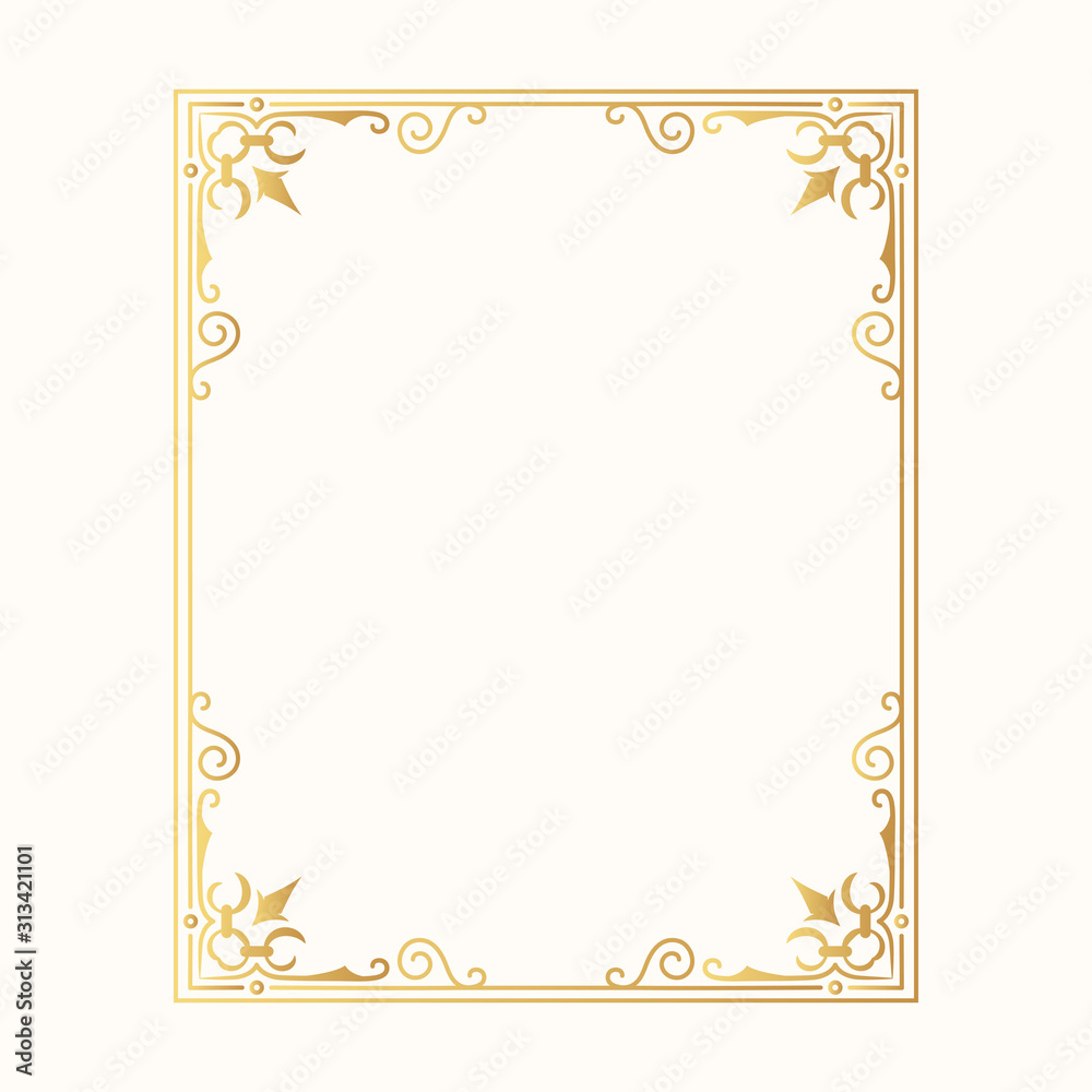 Hand drawn wedding gold vintage frame. Vector isolated classic victorian golden border.