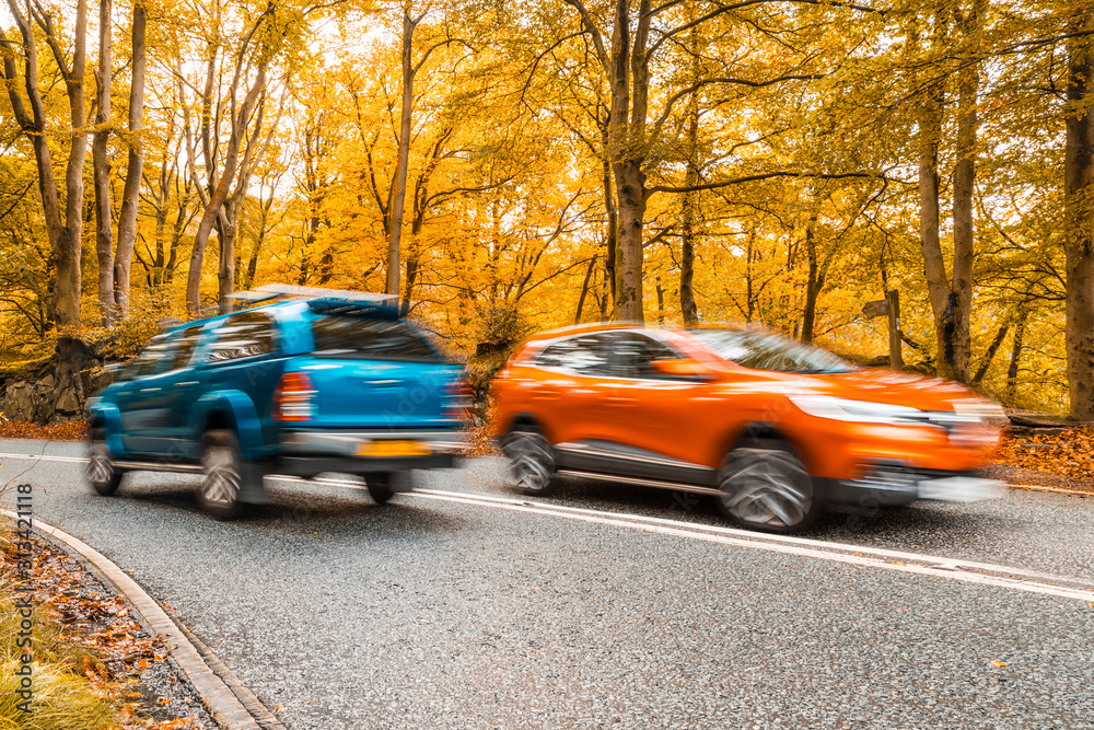 Blurred cars on a road through the wood in autumn