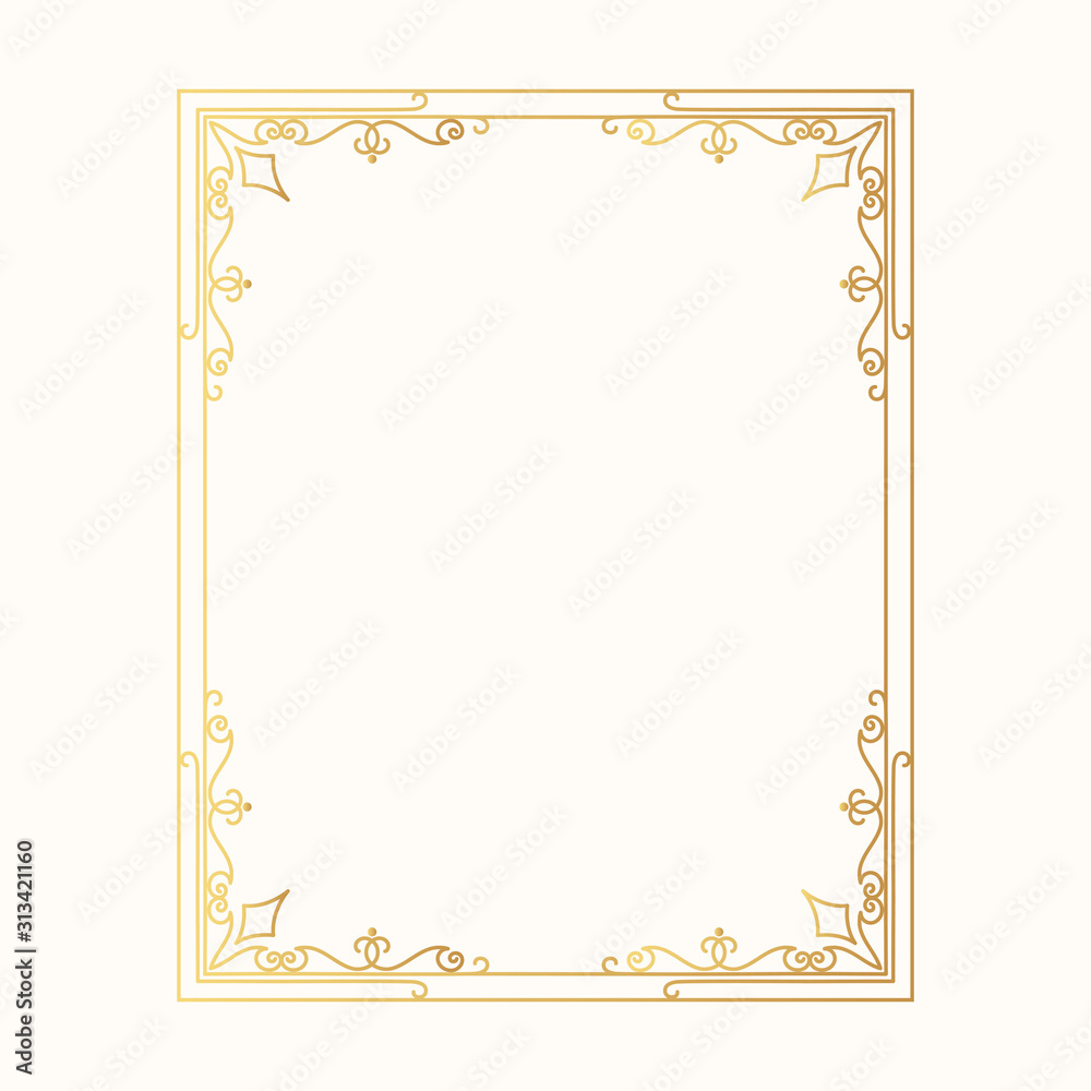 Hand drawn golden vintage wedding frame. Vector isolated gold design royal victorian border. 