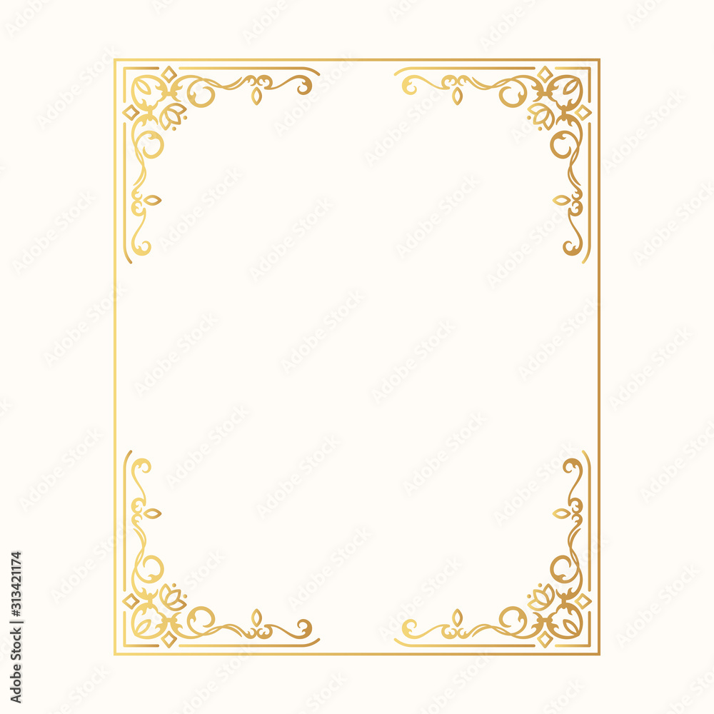 Vintage golden rectangular hand drawn wedding frame. Vector isolated gold design royal victorian border.