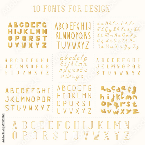 Set of 10 hand drawn fonts. Script letters for design. Whisky label type. Vector isolated.