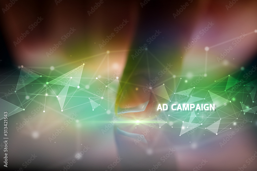 Finger touching tablet with AD CAMPAIGN inscription, business concept Finger touching tablet with AD CAMPAIGN inscription, business concept