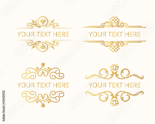 Set of hand drawn golden vintage design frames. Vector isolated gold ornate royal borders. Wedding templates. 