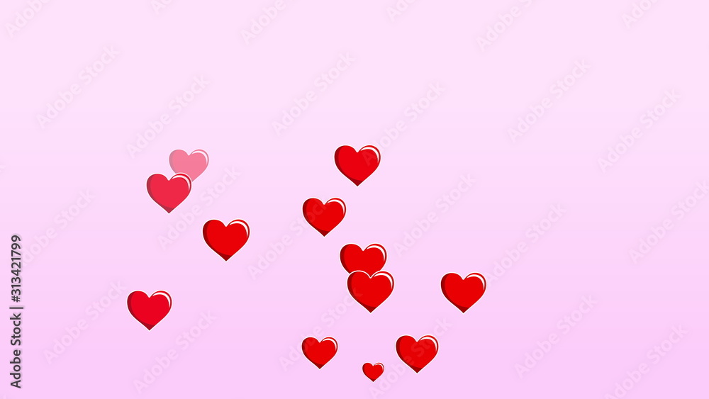 Floating 2D hearts on pink background. Valentines day bright festive 3D illustration with cute cartoon heart shapes. Love, passion and celebration concept background