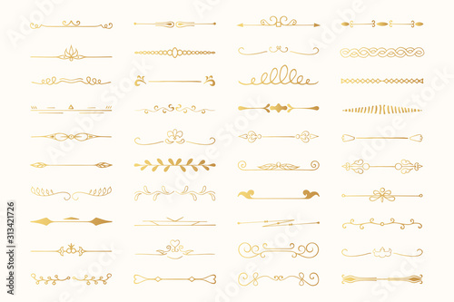 Collection of hand drawn golden text dividers. Calligraphic lines, vintage gold borders and wedding card breaks. Vector isolated flourish ink elements.