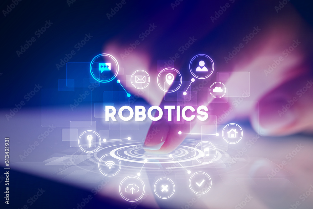 Finger touching tablet with web technology icons and ROBOTICS inscription, web technology concept Finger touching tablet with web technology icons and ROBOTICS inscription, web technology concept