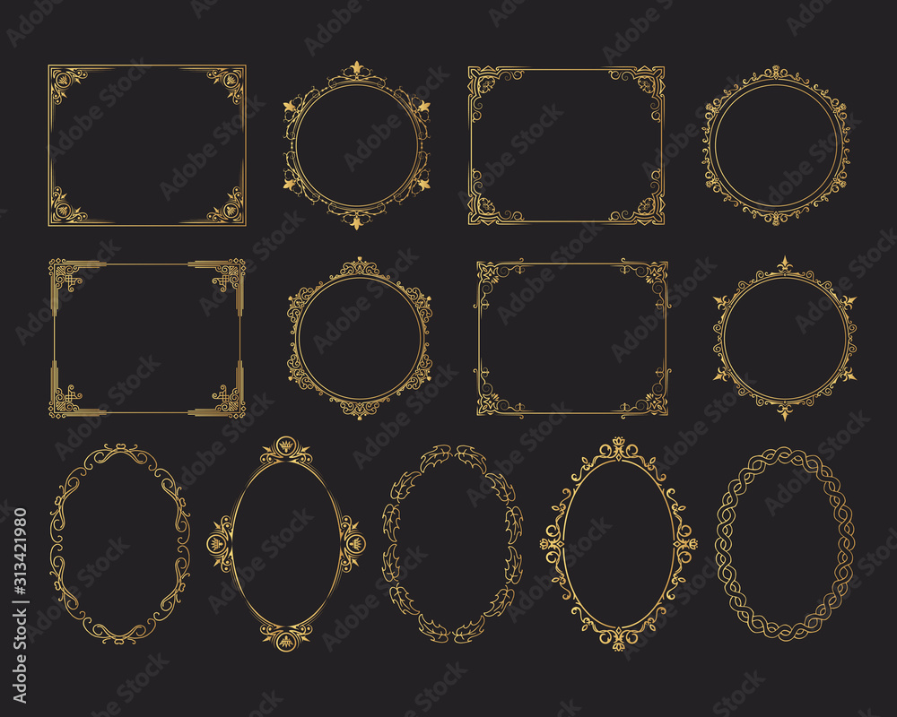 Hand drawn golden set of vintage wedding oval, round and squared frames. Vector isolated gold royal victorian borders. 