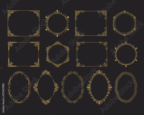 Hand drawn golden set of vintage wedding oval, round and squared frames. Vector isolated gold royal victorian borders. 