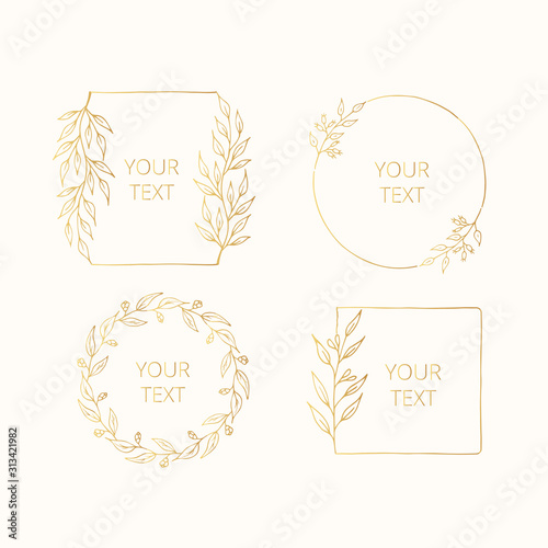 Collection of hand drawn golden floral branches for Christmas decoration. Wreaths, frames and borders for wedding design templates. Vector isolated gold leaves monograms.