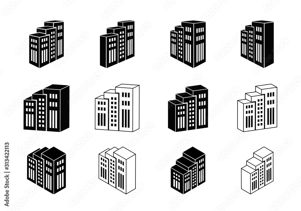Building icon on white background, Perspective company vector collection,Black line hotel condo and apartment illustration, Isometric graphic bank and office silhouette
