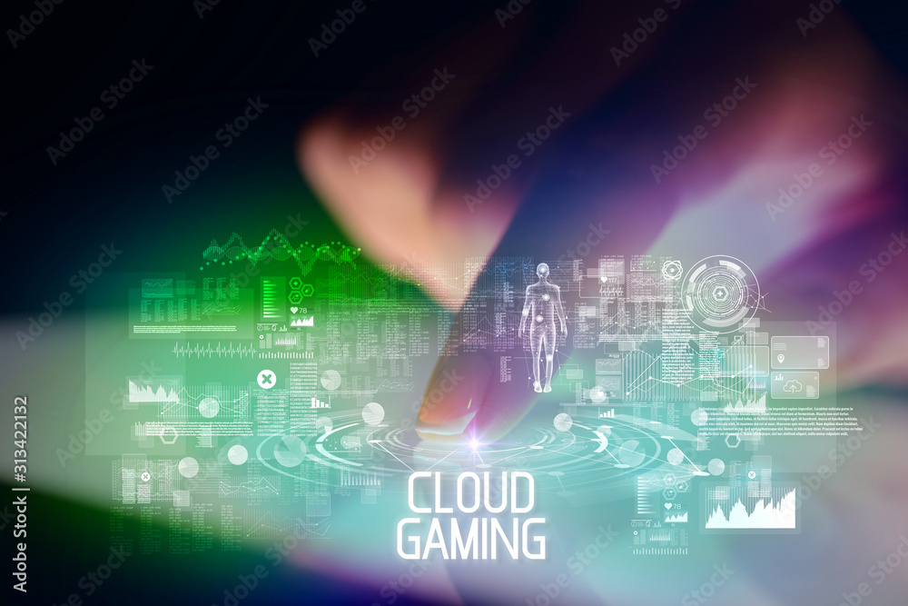 Finger touching tablet with web technology icons and CLOUD GAMING inscription Finger touching tablet with web technology icons and CLOUD GAMING inscription