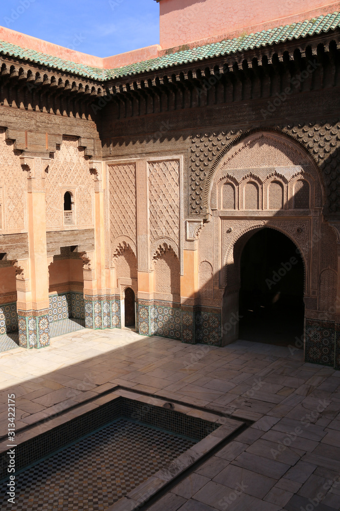 Entrance to the colonnade around the inner courtyard of the Ben Youssef Madrasa (Qur'anic school) in Marrakesh, Morocco