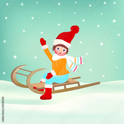 Vector winter illustration with a girl who sledded in the snow, but stopped and waved.