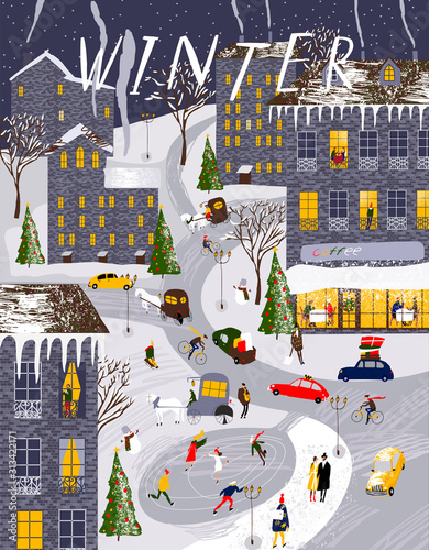 Winter nature, village, country, city landscapes. Vector illustration of natural, urban and rustic background for poster, banner, card, brochure or cover.