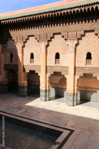 Colonnade around the inner courtyard of the Ben Youssef Madrasa (Qur'anic school) in Marrakesh, Morocco