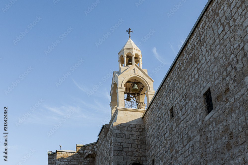 The main bell tower rises on the roof of the Church of Nativity in Bethlehem in Palestine