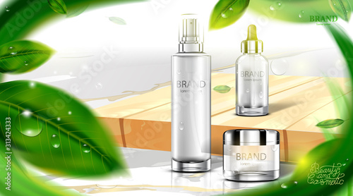 Luxury cosmetic Bottle package skin care cream, Beauty cosmetic product poster, with Green tea leaves and natural green color background