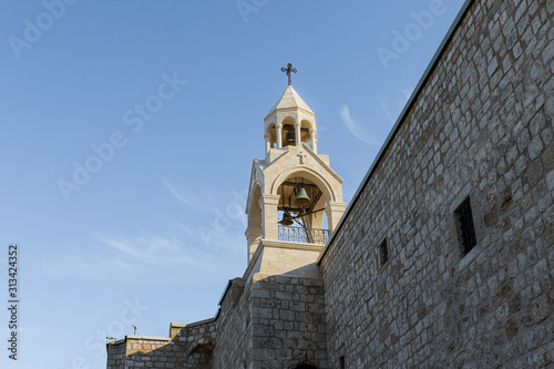 The main bell tower rises on the roof of the Church of Nativity in Bethlehem in Palestine