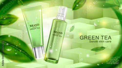 Luxury cosmetic Bottle package skin care cream, Beauty cosmetic product poster, with Green tea leaves and natural green color background