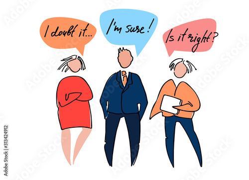 Different states of mind of business people: asking, in doubt, sure. Flat style, isolated vector element, hand lettering