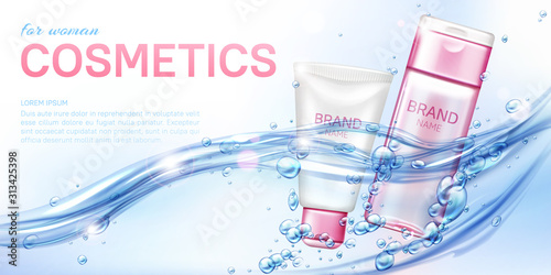Woman cosmetic beauty product shampoo conditioner in water flow realistic vector poster. Pink white cream tube, micellar water lotion bottle for female cosmetics float in sparkling water with bubbles