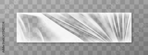 Stretched cellophane banner, realistic crumpled or folded texture vector illustration. Clear transparent polyethylene top of plastic container, tape or elastic wrapping paper for food or snacks bag