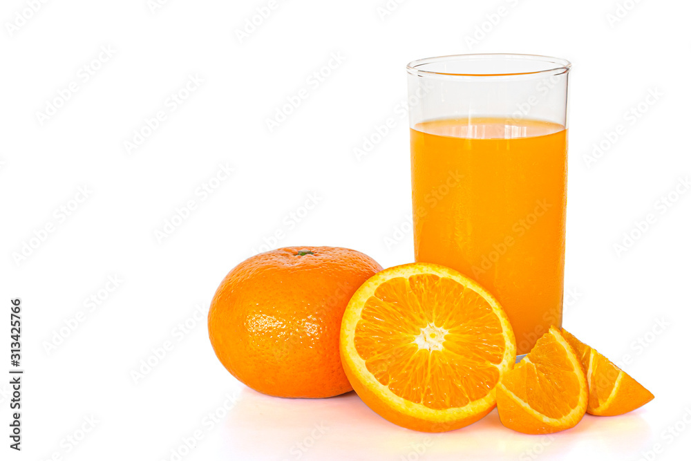glass of juice and fresh orange isolated on white