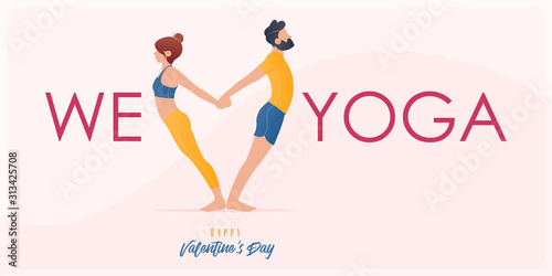 Happy Valentine’s day  banner with couple yoga poses. Year of good health. Landing page design templates for Valentine’s day decoration in partner yoga concept. Vector illustration.