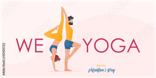 Happy Valentine’s day banner with couple yoga poses. Year of good health. Landing page design templates for Valentine’s day decoration in partner yoga concept. Vector illustration.