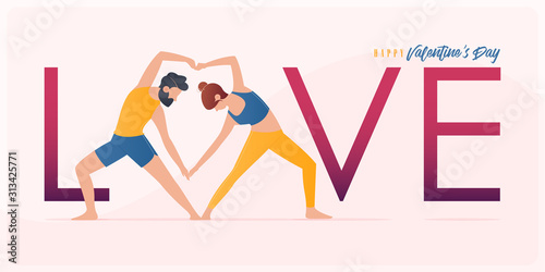 Happy Valentine’s day  banner with couple yoga poses. Year of good health. Landing page design templates for Valentine’s day decoration in partner yoga concept. Vector illustration.