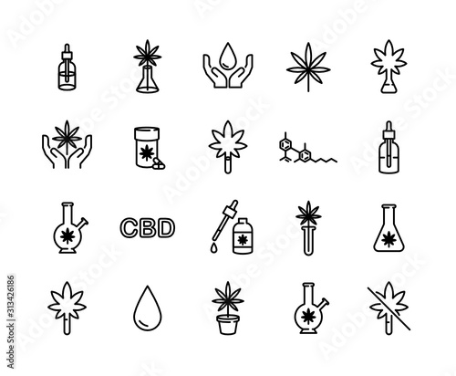 Marijuana Products. Cannabis. Leaf. Bong. CBD Oil. CBD Formula.  - Vector Icon Set
