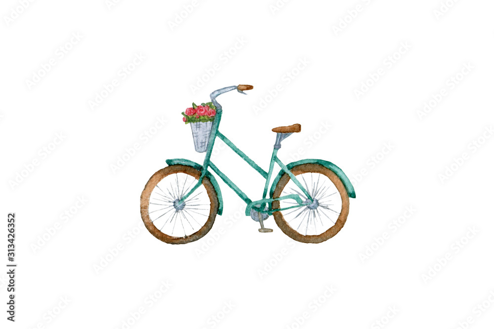 Cute watercolor vintage turquoise retro bicycle with a basket of pink roses flowers  drawn  in profile isolated on white background