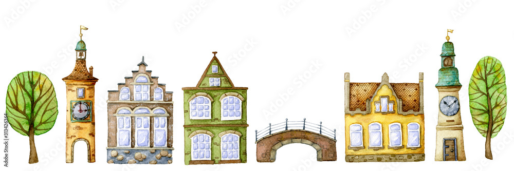 Large watercolor set of old traditional european houses, clock tower, church bell tower and canal bridge on the old town street of a small city isolated on white background