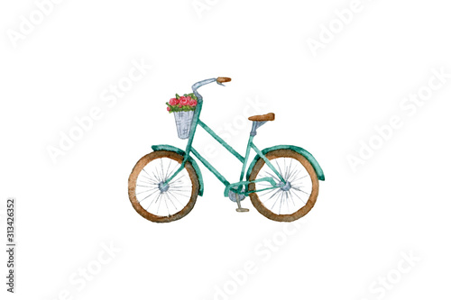 Cute watercolor vintage turquoise retro bicycle with a basket of pink roses flowers drawn in profile isolated on white background