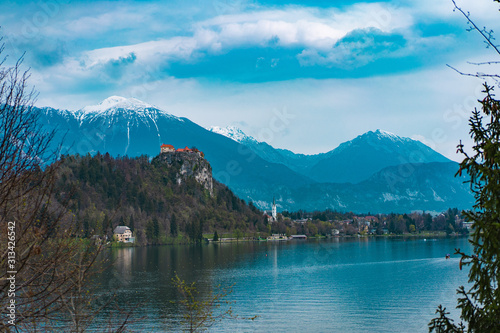 Castle on a Mountain Hill Bled Lake Slovenia Europe Alps