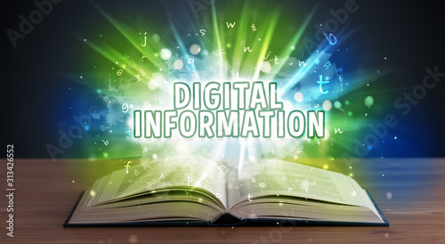 DIGITAL INFORMATION inscription coming out from an open book, educational concept