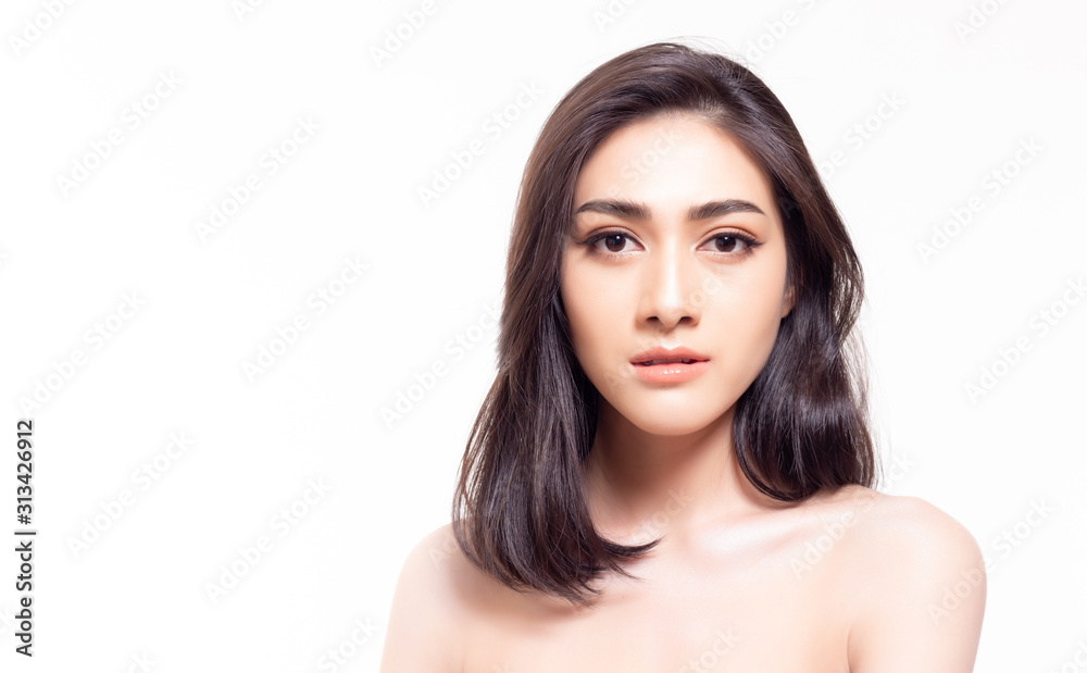 Beauty model asian woman with natural make up and long eyelashes, long hair.  Spa and wellness. Youth and skin care concept. Portrait beautiful asian  female. studio on white background. copy space Stock