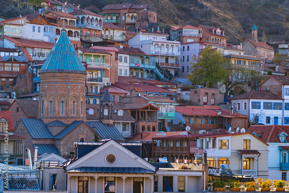 Traditional famous colorful houses with wooden carved balconies in the old town of Tbilisi, Georgia