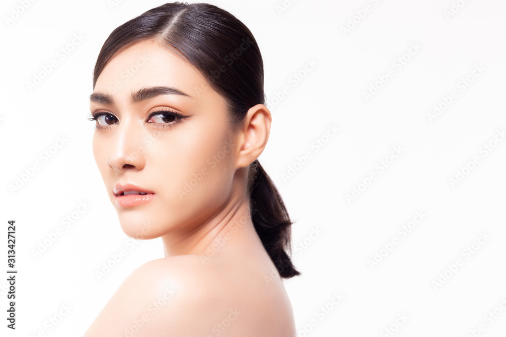 Close Up Asian Girls Nude - Pretty asian woman, black hair horsetail, big eyes, thick eyebrows and naked.  studio on white background, copy space, beauty face. Portrait beauty girl  face. perfect skin, natural meke up. skin care Stock