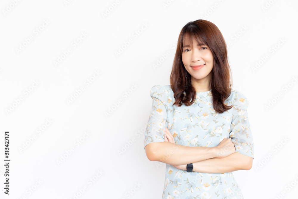 Portrait charming beautiful young asian woman. Attractive beauty lady arm crossed and looks confident with little smile face. Gorgeous girl get long hair. isolated on white background, copy space Portrait charming beautiful young asian woman. Attractive beauty lady arm crossed and looks confident with little smile face. Gorgeous girl get long hair. isolated on white background, copy space