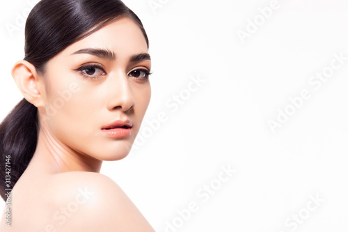 Beauty asian woman face healthy skin, natural makeup. Portrait young model lady face, close up. Beautiful model girl with perfect fresh clean skin. look camera, studio on white background, copy space