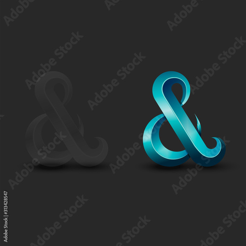 Ampersand logo aquamarine latin calligraphy letter design, 3d symbol transparent plastic or glass material