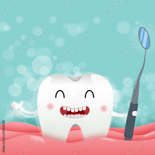 Cute cartoon with check the teeth regularly every year characters oral dental hygiene, children dentistry concept. Vector Illustration