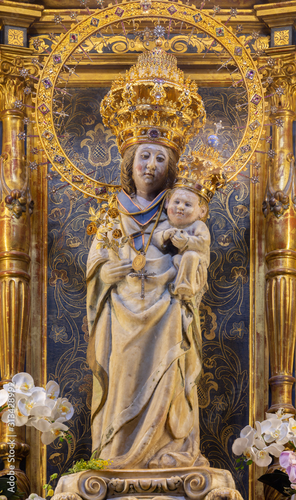 PALMA DE MALLORCA, SPAIN - JANUARY 27, 2019: The marble statue of Madonna in church Iglesia de Sant Miguel.